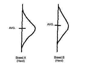 Comparison of two breeds shows a difference in average merit.