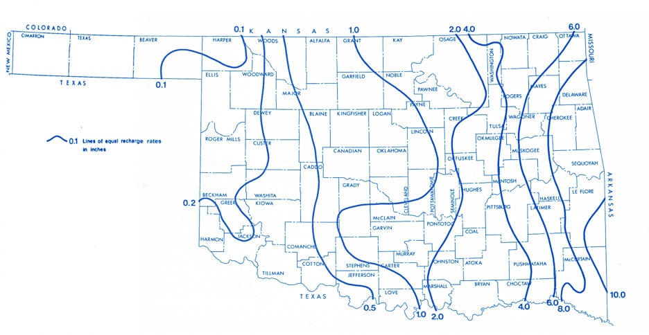 Oklahoma map showing prior state-wide groundwater recharge estimates. Oklahoma map showing prior state-wide groundwater recharge estimates.