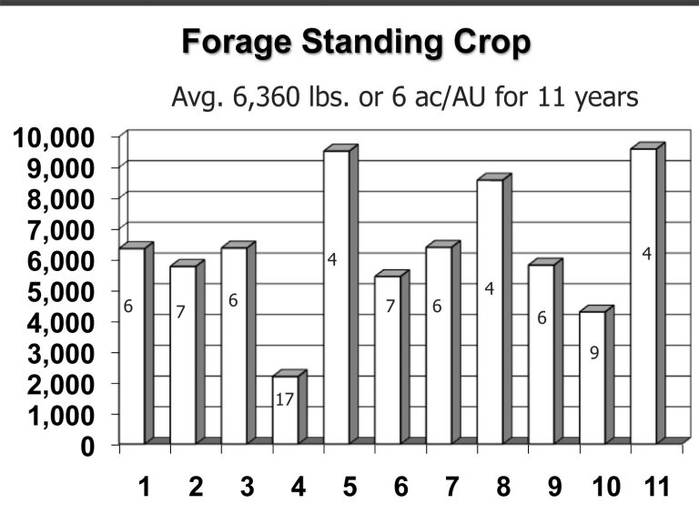 Forage standing crop at the end of the growing season during an 11-year period in tallgrass prairie with acres per animal unit year (AUY) on each bar.