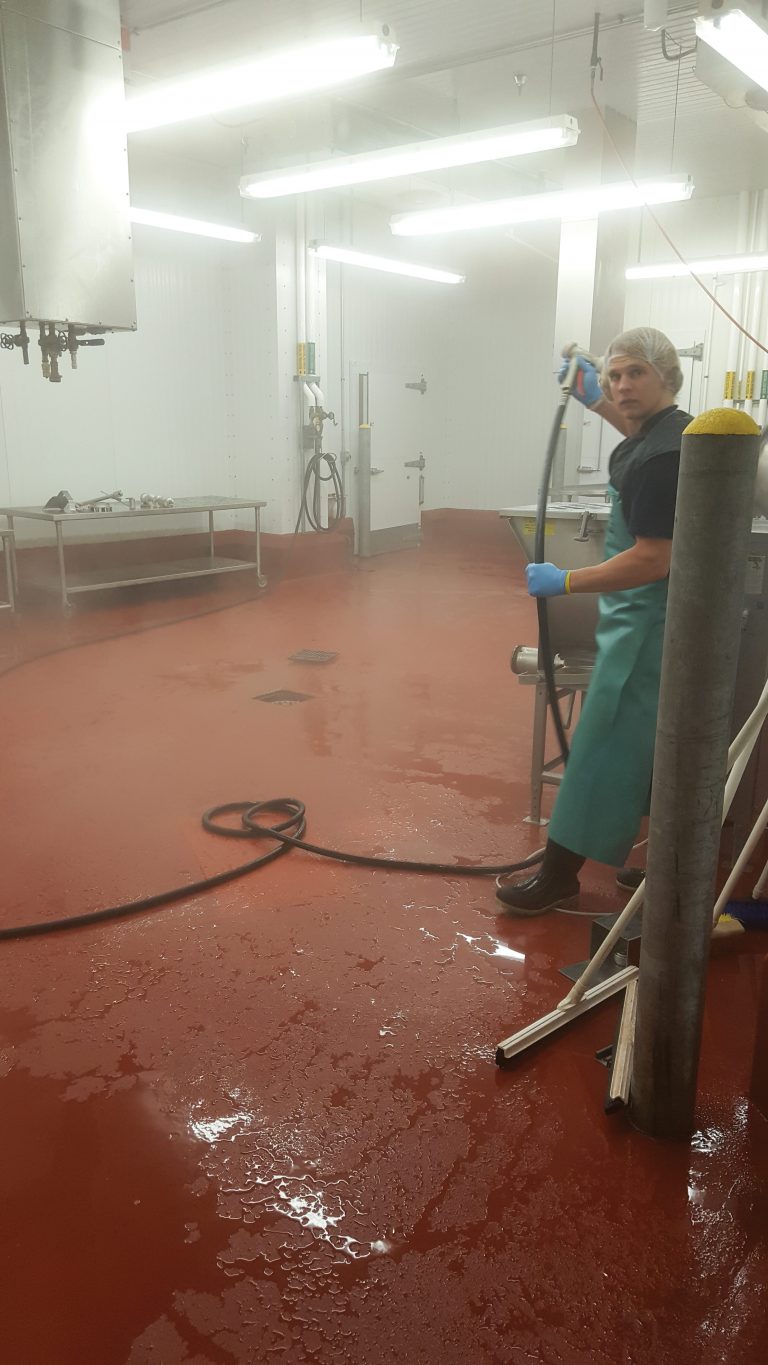 Condensation occurring during a cleaning process in a refrigerated room of a meat-processing facility.