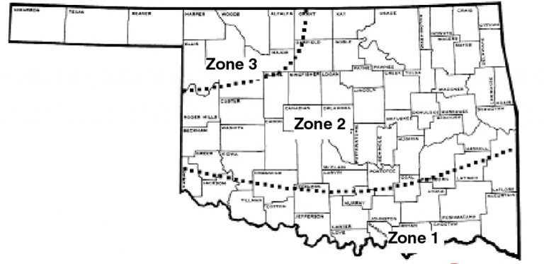 Map of Oklahoma split up into 3 herbicide spray zones.