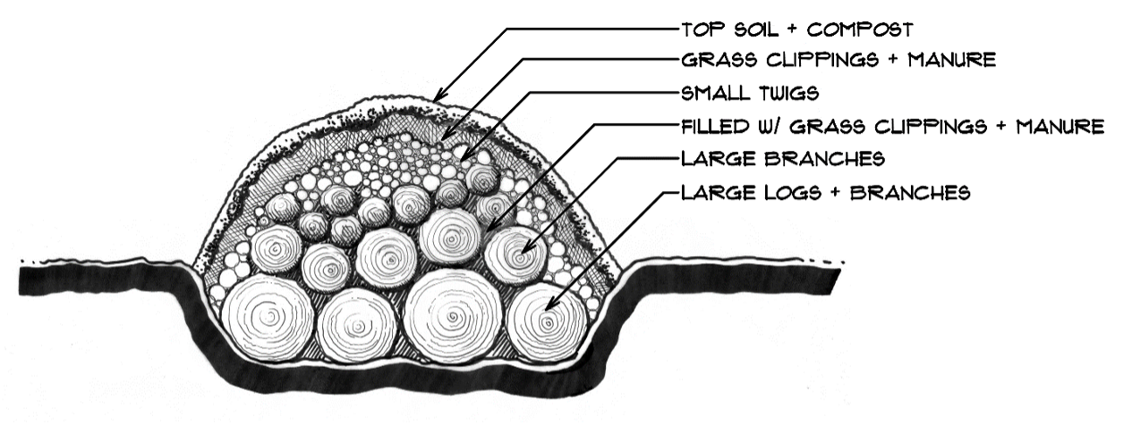 Cross-section diagram of a hügelkultur bed showing layered construction over decaying wood with large logs, branches, twigs, grass clippings, manure and a top layer of topsoil and compost for a nutrient-rich self-watering system.