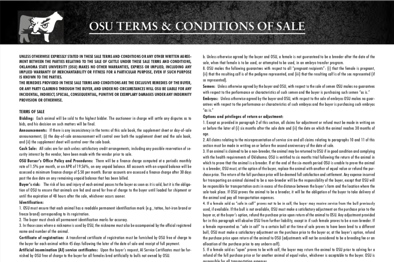Sample of OSU’s Cowboy Classic Sale terms and conditions. Sample of OSU’s Cowboy Classic Sale terms and conditions.