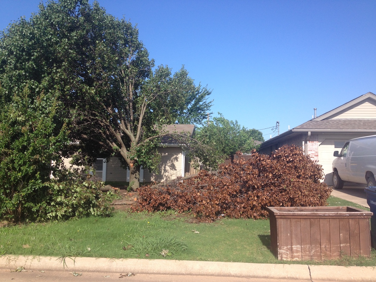 A property with a fallen tree branch in the yard.