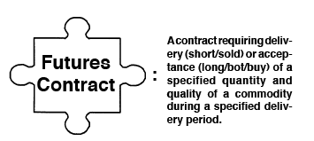 Futures contract puzzle piece means a contract requiring delivery (short/sold) or acceptance (long/bot/buy) of a specified quantity and quality of a commodity during a specified delivery period.