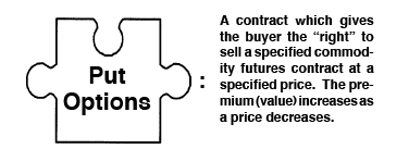 Put options puzzle means a contract which gives the buyer the "right" to sell a specified commodity futures contract at a specified price. The premium (value) increases as a price decreases.