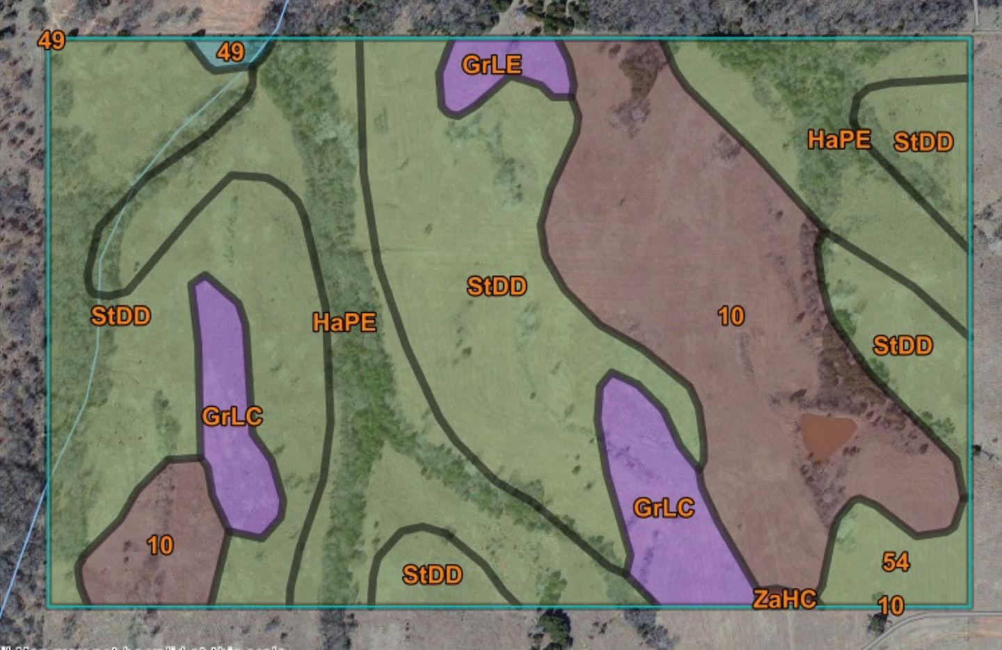 A soils map for a cross timbers pasture in Oklahoma.