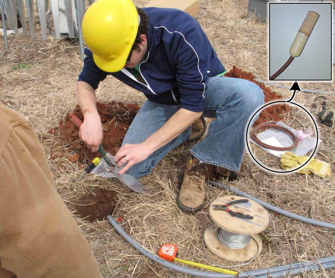 Installation of a soil moisture sensor at a Mesonet site.