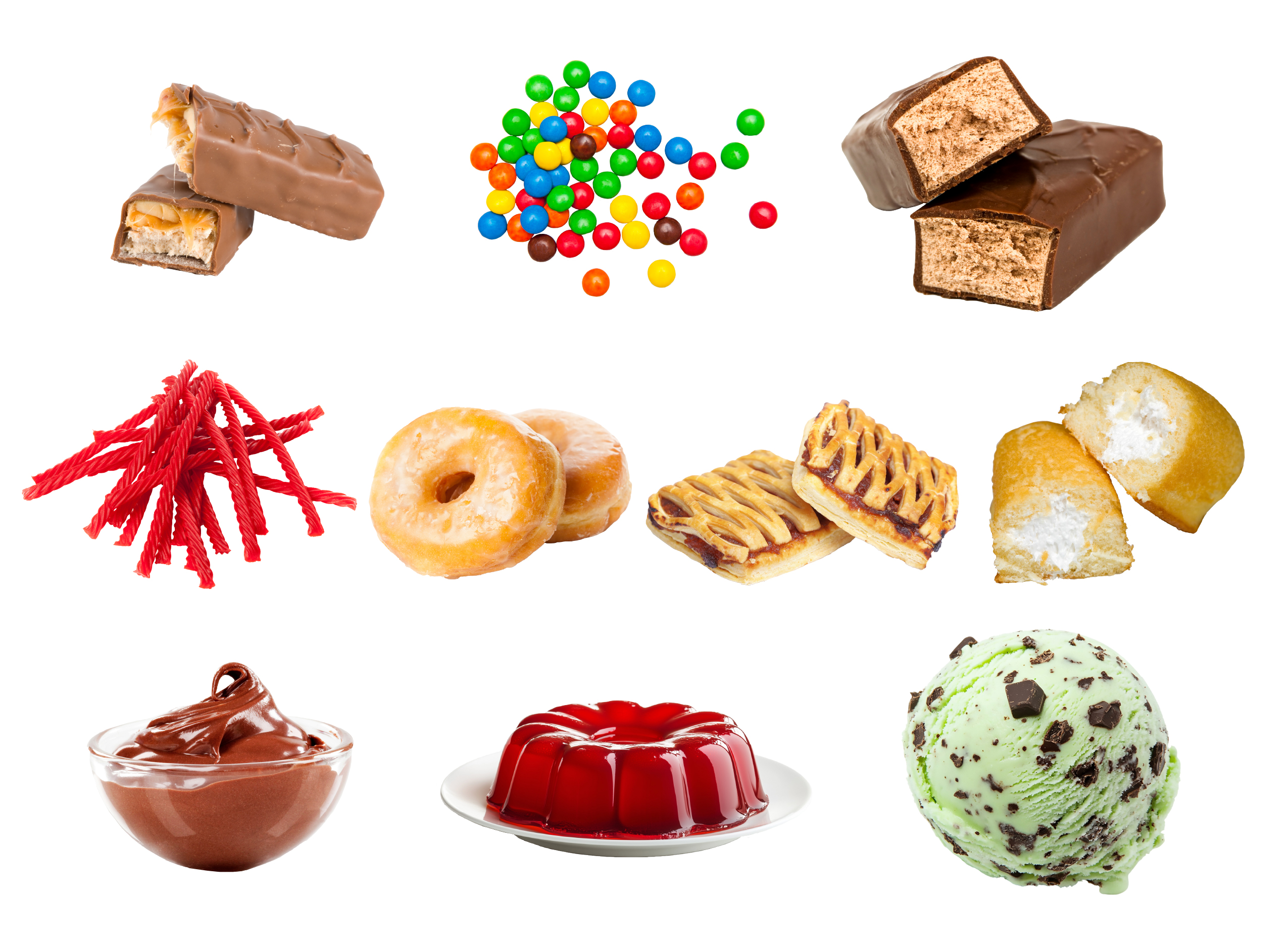 An array of desserts such as chocolate candy bars,skittles, twizzlers, glazed donuts, poptarts, twinkies, chocolate pudding, red jello and chocolate-mint ice cream.