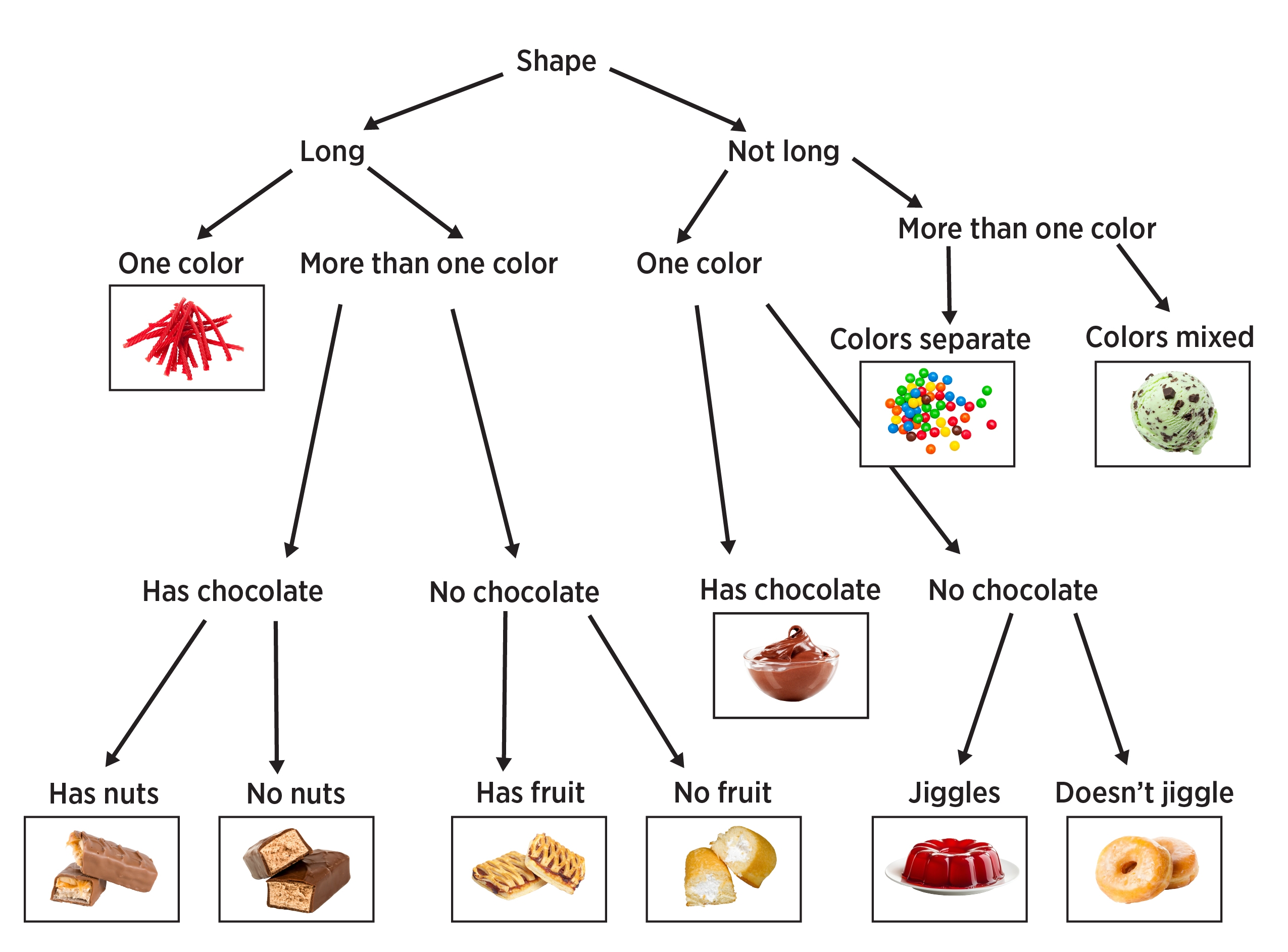 The dichotomous key that has been further split into different categories not includes a has nuts category on the has chocolate category which shows one chocolate bar with nuts and another chocolate bar without nuts. The no chocolate category on the long category divides into a has fruit category which shoes poptarts and a no fruit category which shows the twinkies. On the other side for the not long category, the no cholocate category was futher divided into a jiggles category which shoes the jello and a no jiggle category which shows the donuts. 