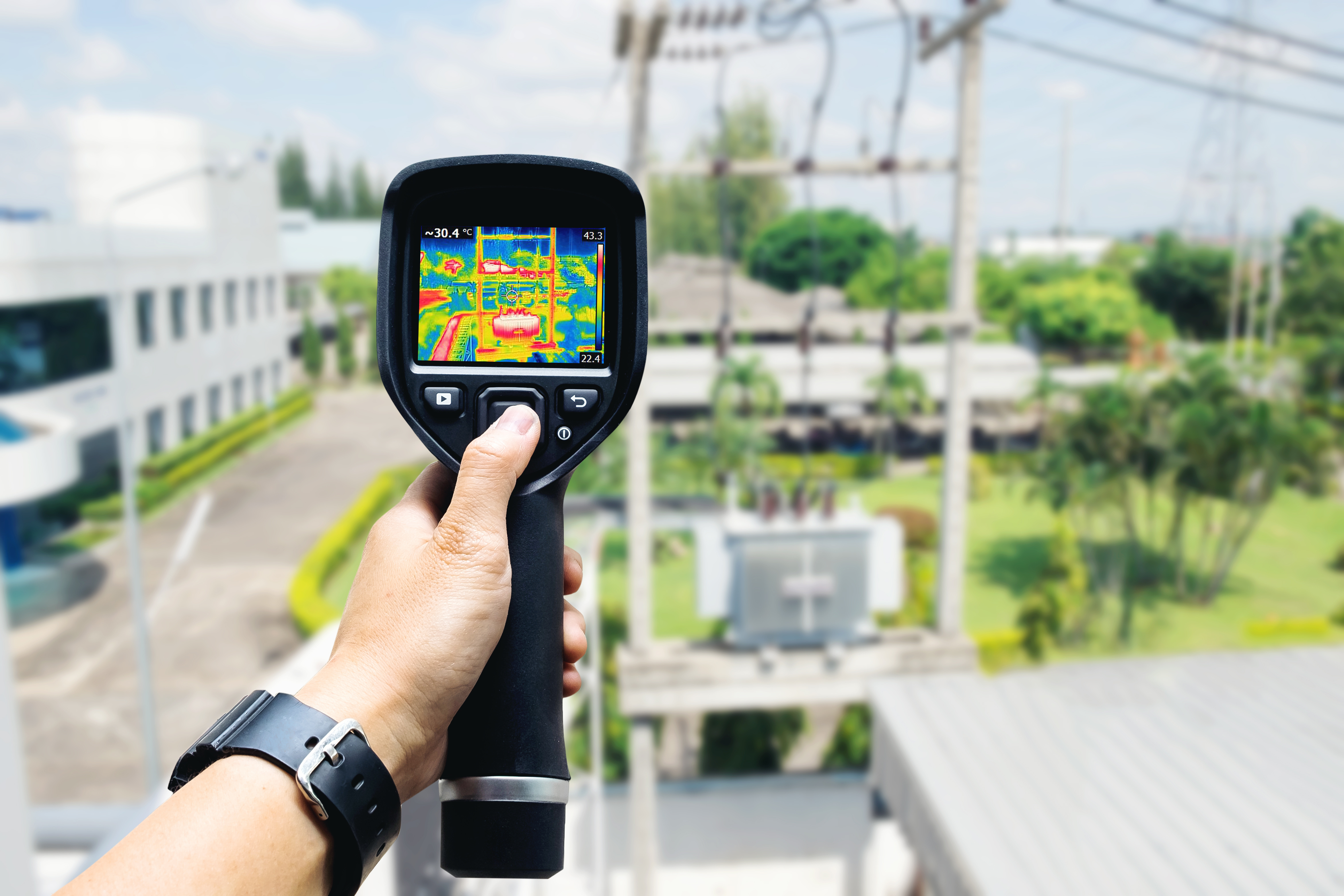 A person holding a black thermal imaging scanner that is pointed towards a suburban area outdoors.