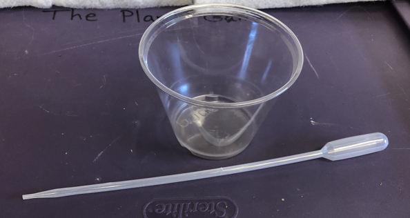 A plastic cup and pipet sitting on a black table.