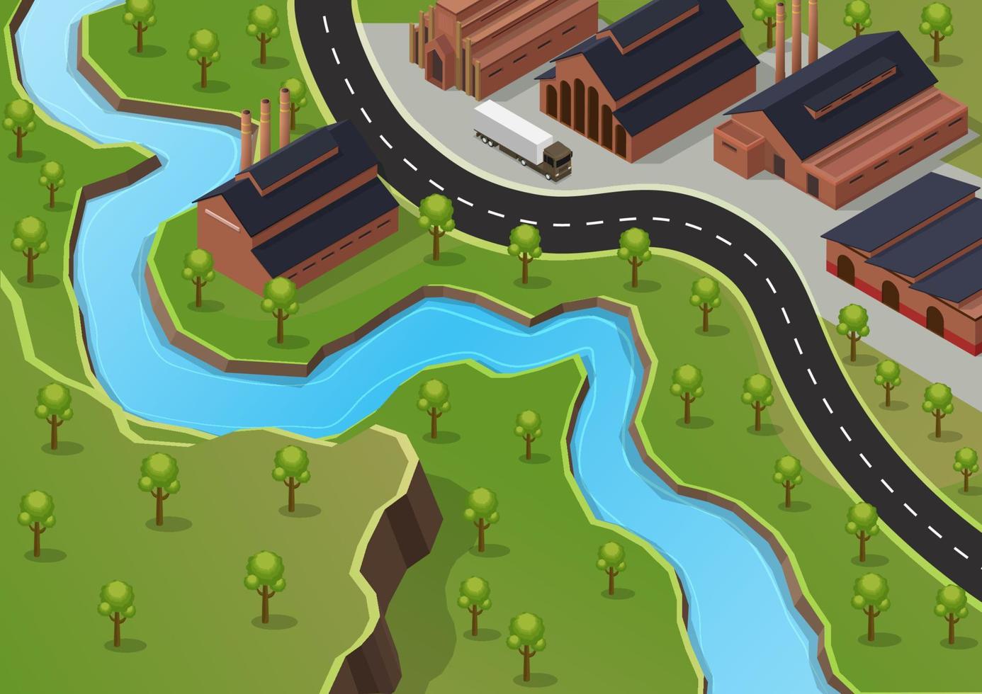 An illustration of a landscape that shows a winding blue river flowing through green terrain, dotted with small trees. A curved road runs beside the water toward a cluster of buildings with dark roofs, creating a stylized map-like view of a town.
