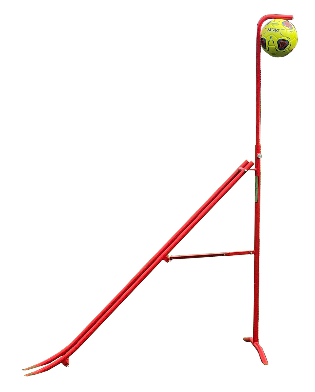 A red FIFA ball ramp set up for ball roll testing with a yellow ball at the top of the ramp.