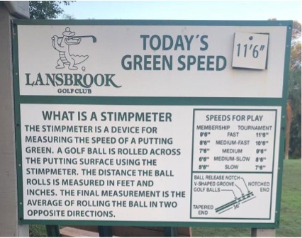 A sign from Lansbrook Golf Club for the Green Speed of the Day that says 