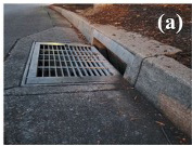 Street storm drain inlet with a metal grate set into the pavement beside a curb.