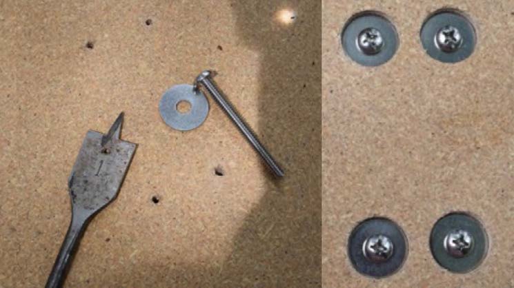 Washers and screws inserted into the wooden board.