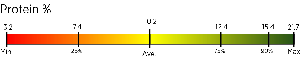 A bar representing the Protein % of Figure 2. that is shaded in a red-yellow-green gradient pattern. The bar starts on the left with a minimum of 3.2 and moves to the right in the following order; 25% at 7.4, An average in the middle at 10.2, 75% at 12.4, 90% at 15.4, and the max at the end of the bar at 21.7.