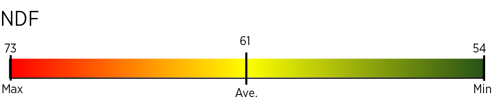 A bar representing the NDF of Figure 2. that is shaded in a red-yellow-green gradient pattern. The bar begins on the on the left at a Max of 73 then continues right marking the Average in the center at 61, and the Minimum of 54 at the right end of the bar.