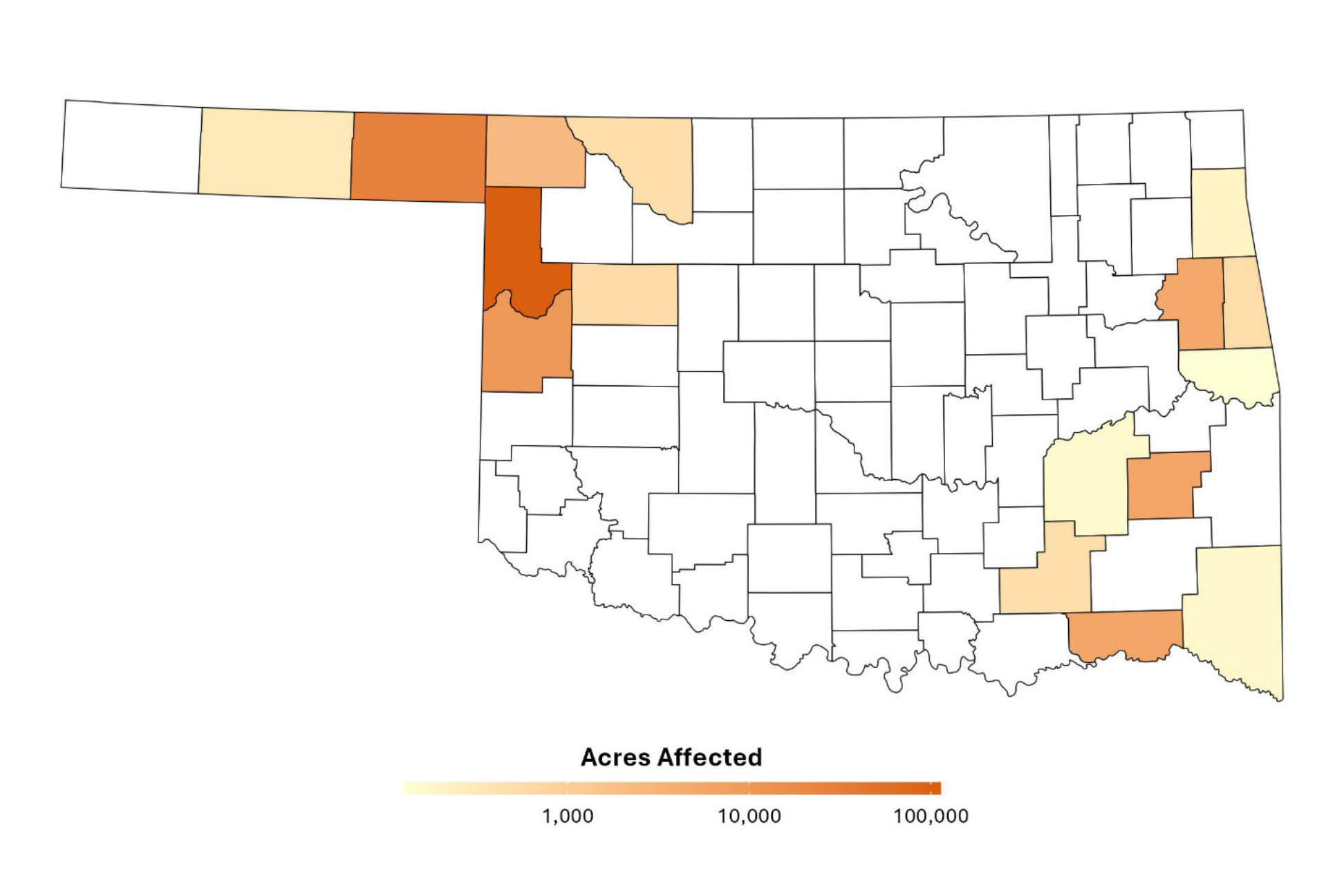 A map of Oklahoma showing which counties had wildfires.