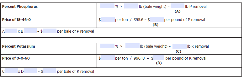 Detailed Calculations for Phosphorus and Potassium Removal and Cost using a two different formula's. The first formula calculates the Percent of Phosphorus and the second formula calculates the Percent of Potassium as described in the previous three paragraphs above.