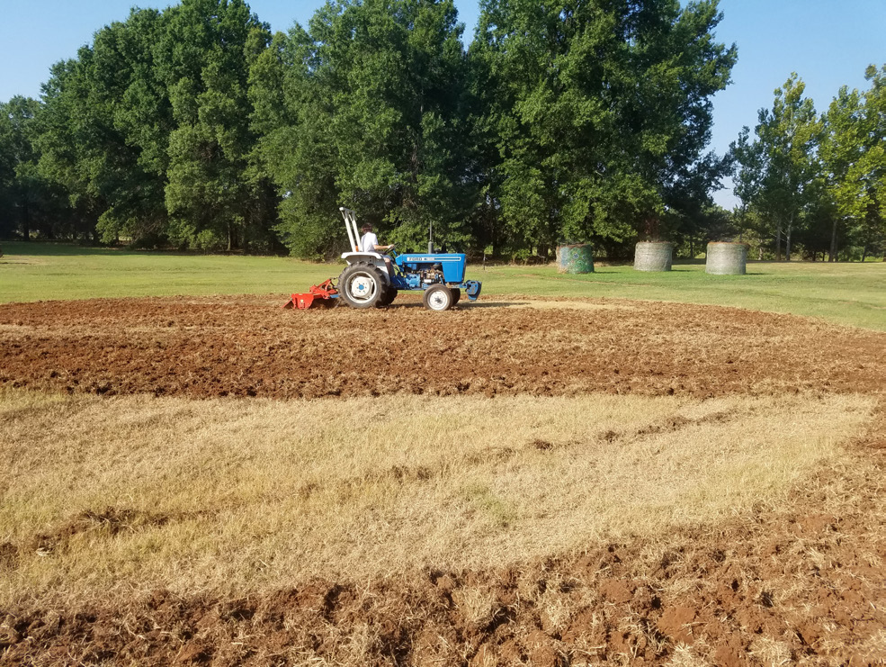 A blue tractor tilling a grass field A blue tractor tilling a grass field