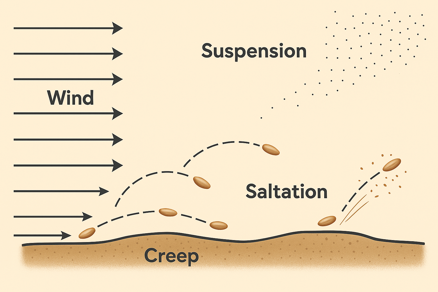 A diagram showing wind moving rightward over soil as the sand is transported in three ways: creep along the ground, saltation by bouncing grains and suspension carrying fine particles upward.