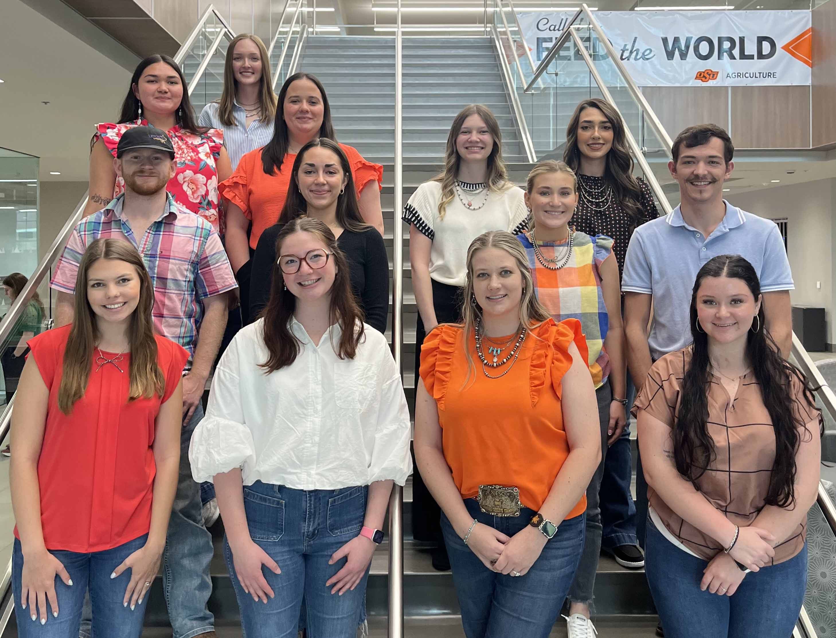 Four rows of interns - Four on the bottom row, four in the middle row, four in the last to middle and one at the top row.