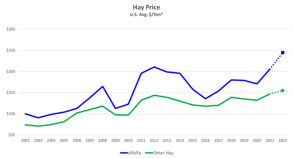 The graph is comparing hay and alfalfa prices form 2002 to 2022
