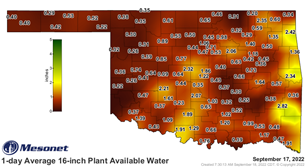 A Oklahoma map form the Mesonet site showing the 16-inch plant available water.