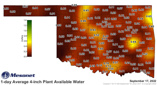 A Oklahoma map form the Mesonet site showing the 4-inch plant available water.