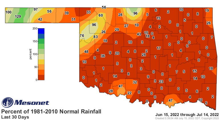 Map of Oklahoma showing the rainfall from June 15, 2022 through July 14, 2022 Map of Oklahoma showing the rainfall from June 15, 2022 through July 14, 2022