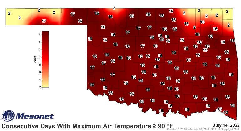 Map of Oklahoma showing the maximum air temperature July 14, 2022 Map of Oklahoma showing the maximum air temperature July 14, 2022
