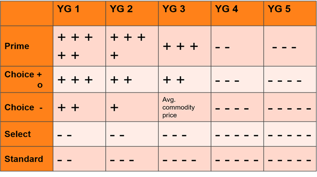 Yield Grade chart from Standard quality beef to Prime quality beef. Yield Grade chart from Standard quality beef to Prime quality beef.