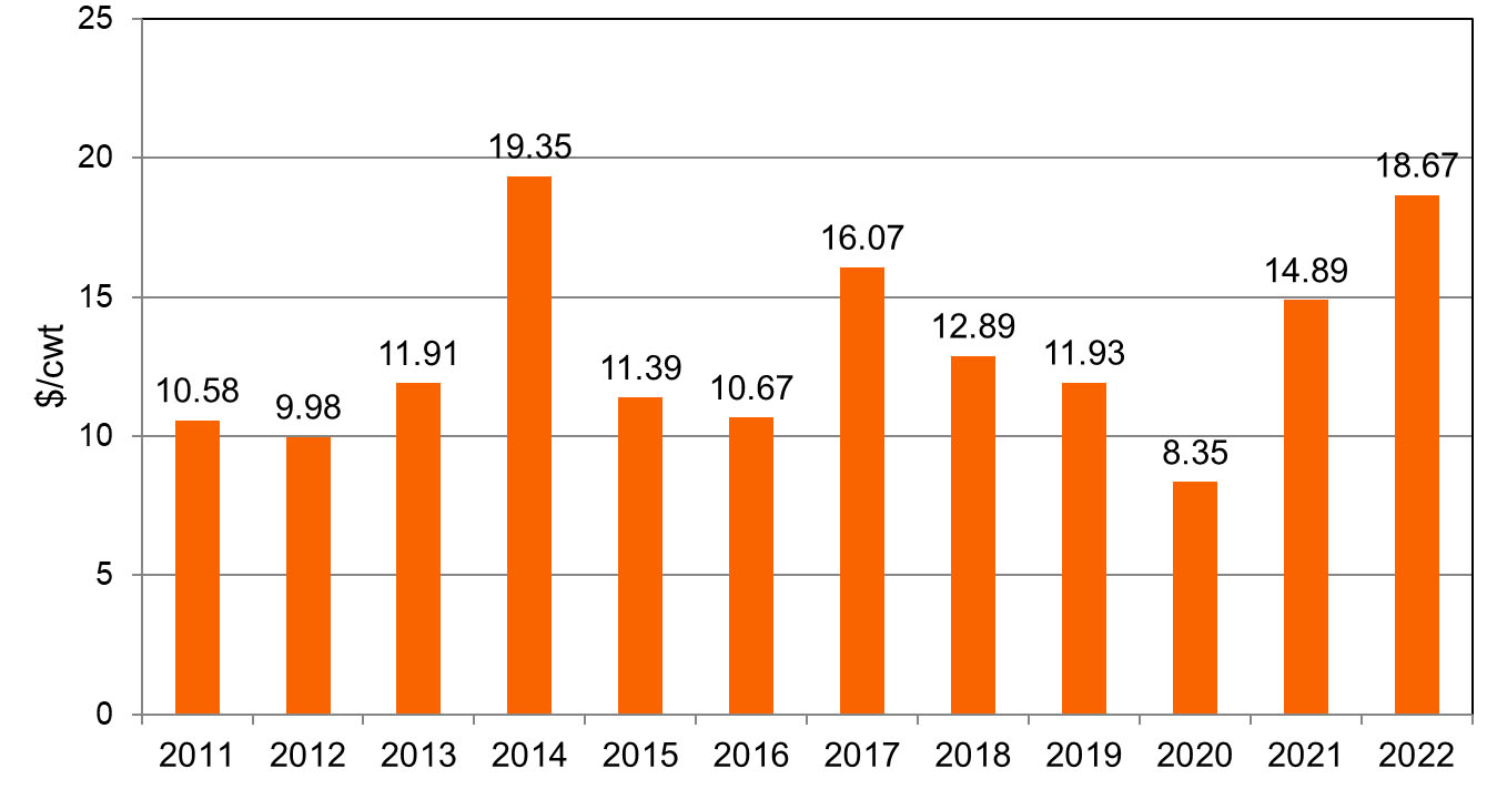 This graph shows the weight average premium from 2011-2022. 2011 equals 10.58, 2012 equals 9.98, 2013 equals 11.91, 2014 equals 19.35, 2015 equals11.39, 2016 equals10.67, 2017 equals 16.07, 2018 equals 12.89. 2019 equals 11.93, 2020 equals 8.35, 2021 equals14.89 and 2022 equals 18.67.