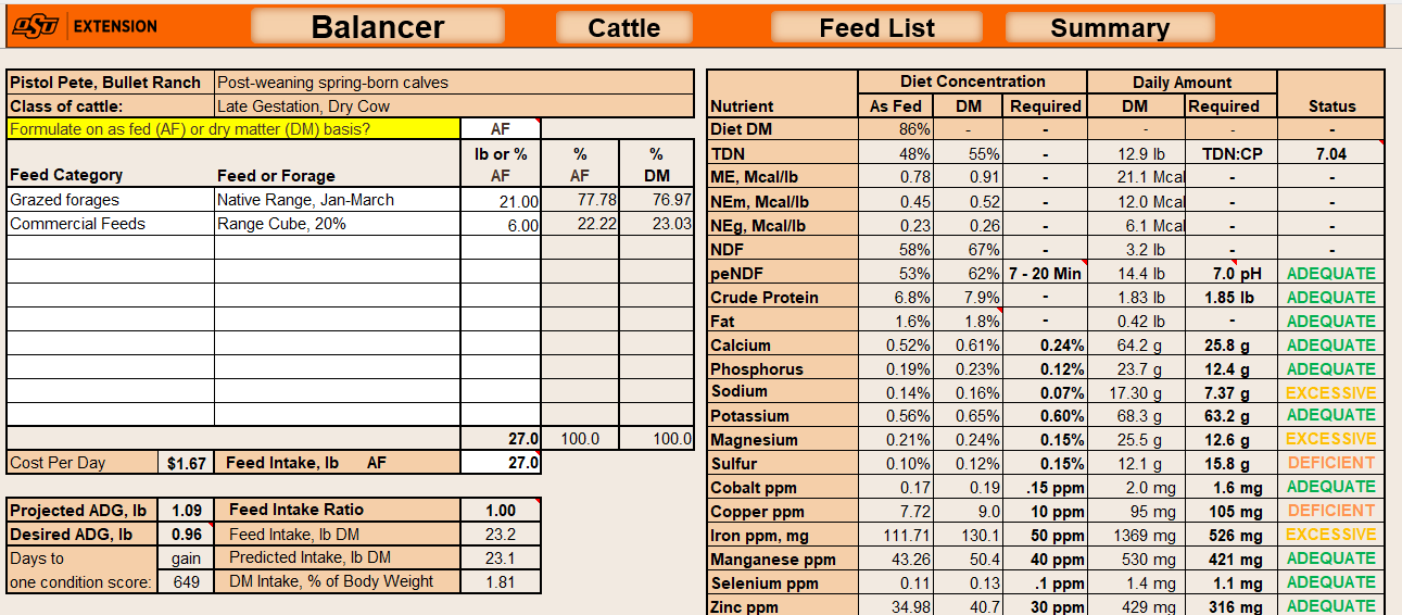 A chart with two sections evaluating the influence of a balanced diet, class of cattle, and percentages of feed nutrients on the average daily gain in the group of cattle in association with the cost for the operation. The first section of the chart identifies the cattle as post-weaning spring-born calves and classifies them as late gestation dry cow. The first feed category implemented is grazed forages where the rancher uses the native range from January through March. This makes up 76.97% of the total dry matter intake for the group. The second feed category is commercial feeds where the rancher uses ranges cubes (20%). This makes up 23.03% of the total percent dry matter intake. It is expected that this group of cattle intake 27 pounds of fed dry matter per day putting projected ADG at 1.09 pounds per day. It is expected that it will take 649 days to one condition score. The cost per day at $1.67 per day for the rancher. The second section of this chart lists the nutrients in this feed ration and shows their concentration compared to the required daily amount. This ration is adequate or excessive in all areas except for sulfur and copper.