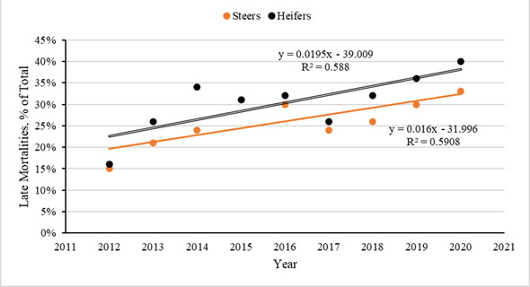 This graph has Late Mortalities, % of Total on the left from 0% to 45% and years on the bottom from 2011 to 2021. A orange line for Steers and a black line for heifers. In the graph is y=0.0195x - 39.009 R2=0.588 and y=0.016x - 31.996 R2=0.5908.