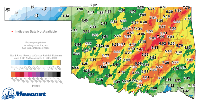 A map of Oklahoma showing the Rainfall Accumulation over the course of days ending on November 4th, 2024. The Panhandle shows to have had the least amount of rain while the highest numbers are concentrated in 3 parallel diagonal lines from the Northeast corner running down to almost the southern border of the state.
