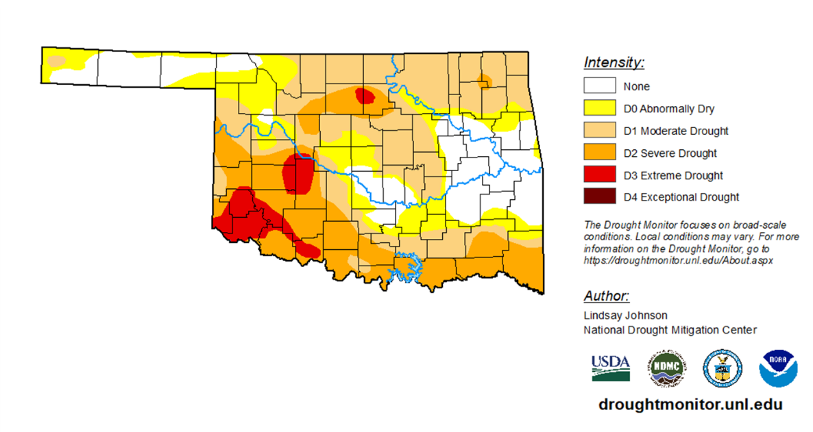 A yellow and orange map of the Oklahoma drought monitor.