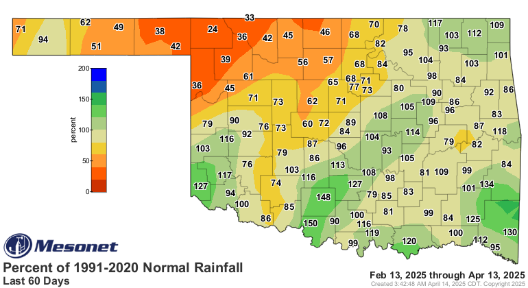 The Oklahoma Mesonet map showing the percent of Normal Rainfall from February 13, 2025 to April 13, 2025.