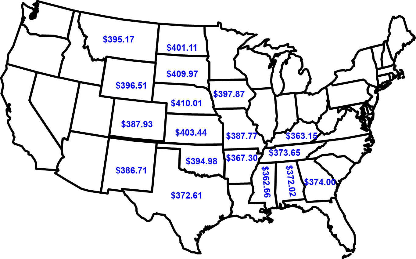 A map of the United States sectioned by state showing feeder cattle prices in the middle states.