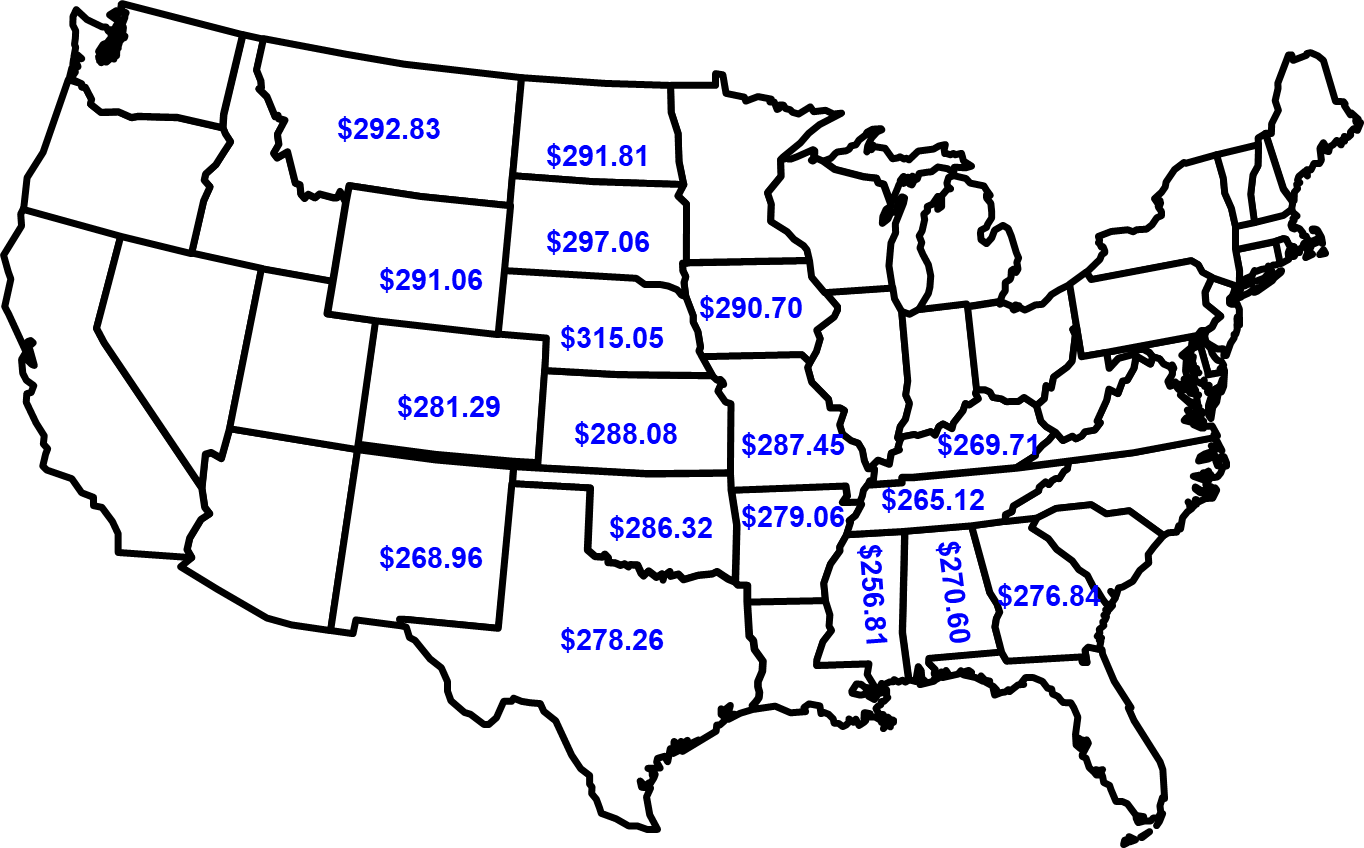 A map of the United States sectioned by state showing prices for bigger feeder cattle in the middle states.