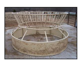 A beige metal hay bale holder.