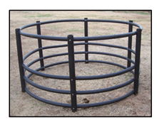 A black metal hay bale holder.