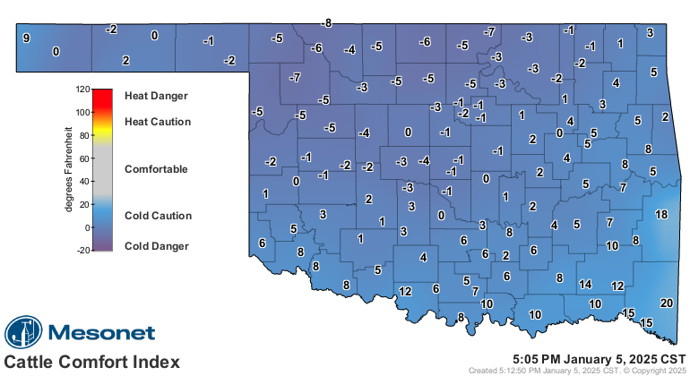 A screencapture of the Mesonet Cattle Comfort Index for January 5, 2025 at 5:05 PM. The screencapture depicts the state of Oklahoma by county in colors of purple and blue. There is a sliding color scale to the left of the map indicating the degree of Cold Danger to Heat Danger, with purple representing -20 degrees Fahrenheit on the far end of the Cold Danger scale, the next gradient is blue which represents 0 to 20 degrees Fahrenheit and indicates Cold Caution; after this is a grey region representing Comfortable temperatures from 20 to 75 degrees Fahrenheit. The Head Danger and Heat Caution sections of bar are Red and yellow respectively.