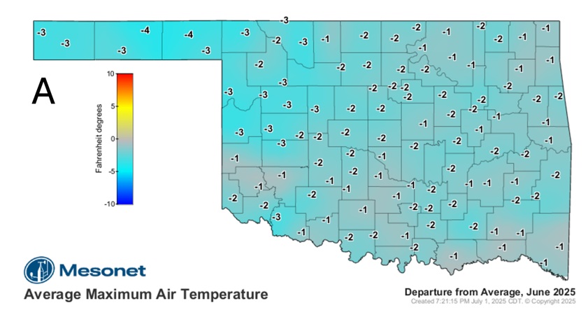 Oklahoma state map showing average maximum air tempture departure from average, June 2025.