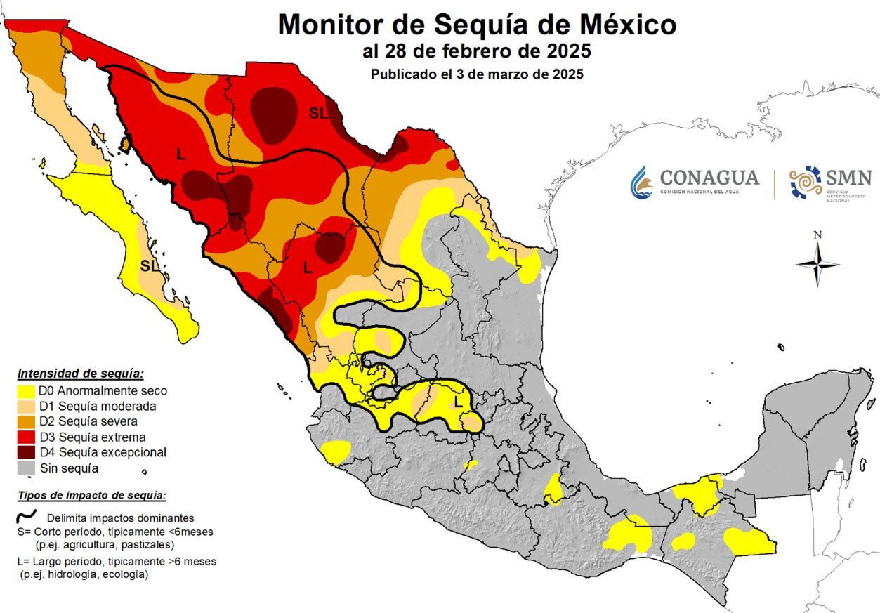 Map of Mexico with dark red, red, orange and yellow shadings monitoring drought.