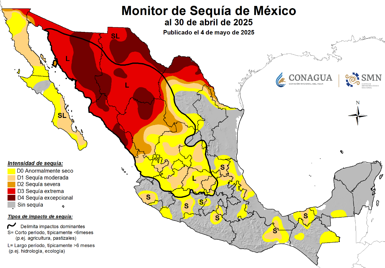 A map of Mexico with different shades of red and different shades of yellow for amounts of rain fall in the last four month.