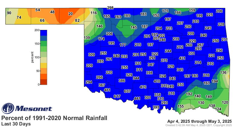 Oklahoma Mesonet Map showing rainfall for April 4, 2025 through May 3, 2025.