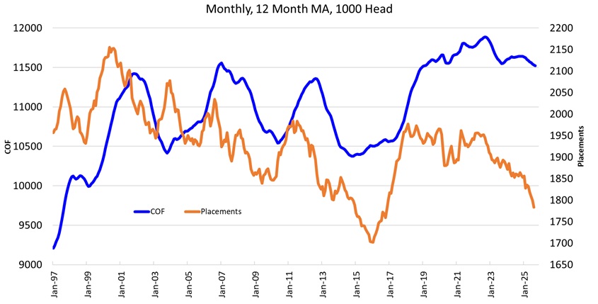 figure-1.jpg The chart shows that while the number of cattle on feed has generally increased since 1997, feedlot placements have declined sharply since 2021 after years of fluctuation.